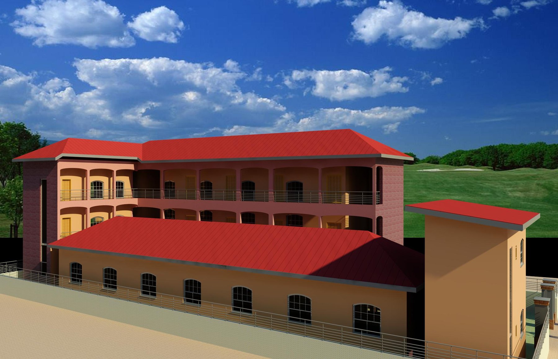 Architect's impression of the De-Gifted Private School building: a three-storey block with red roofs and arched verandas